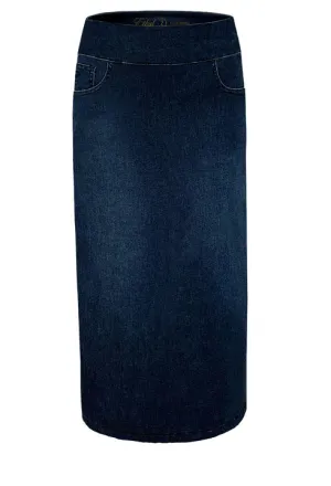 Pull On Stretch Denim Midi Skirt
