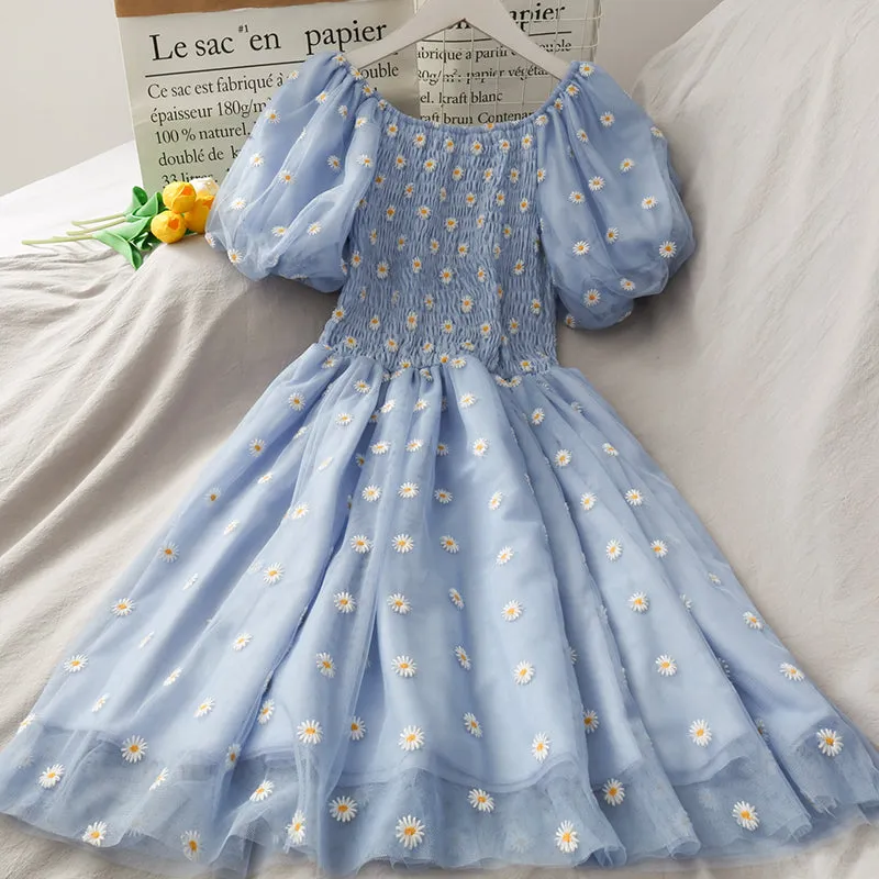 "DAISY EMBROIDERED PUFF SLEEVE MESH" DRESS N050601