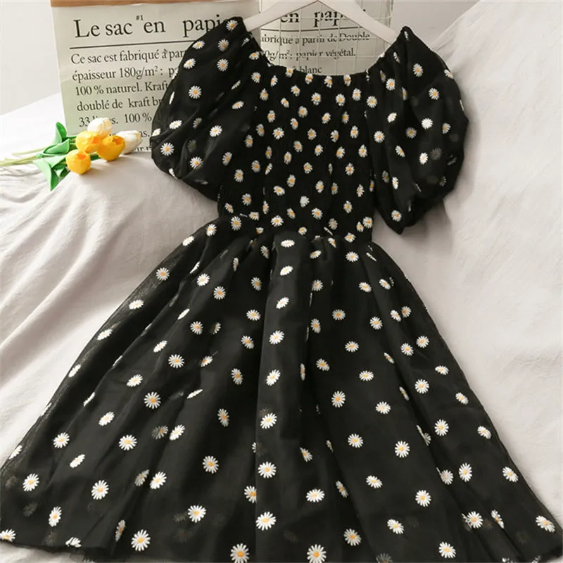 "DAISY EMBROIDERED PUFF SLEEVE MESH" DRESS N050601