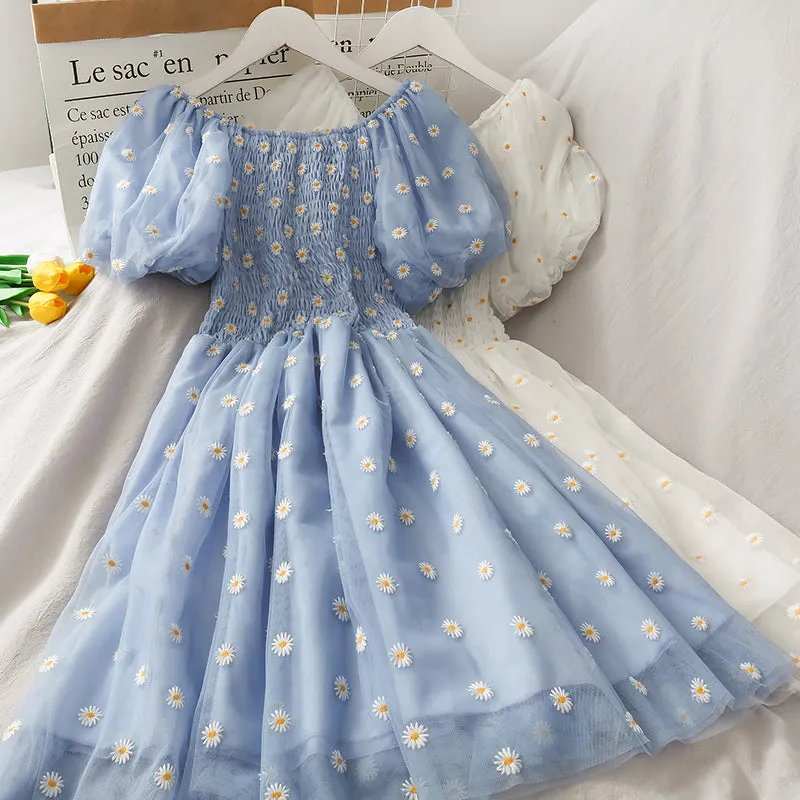 "DAISY EMBROIDERED PUFF SLEEVE MESH" DRESS N050601