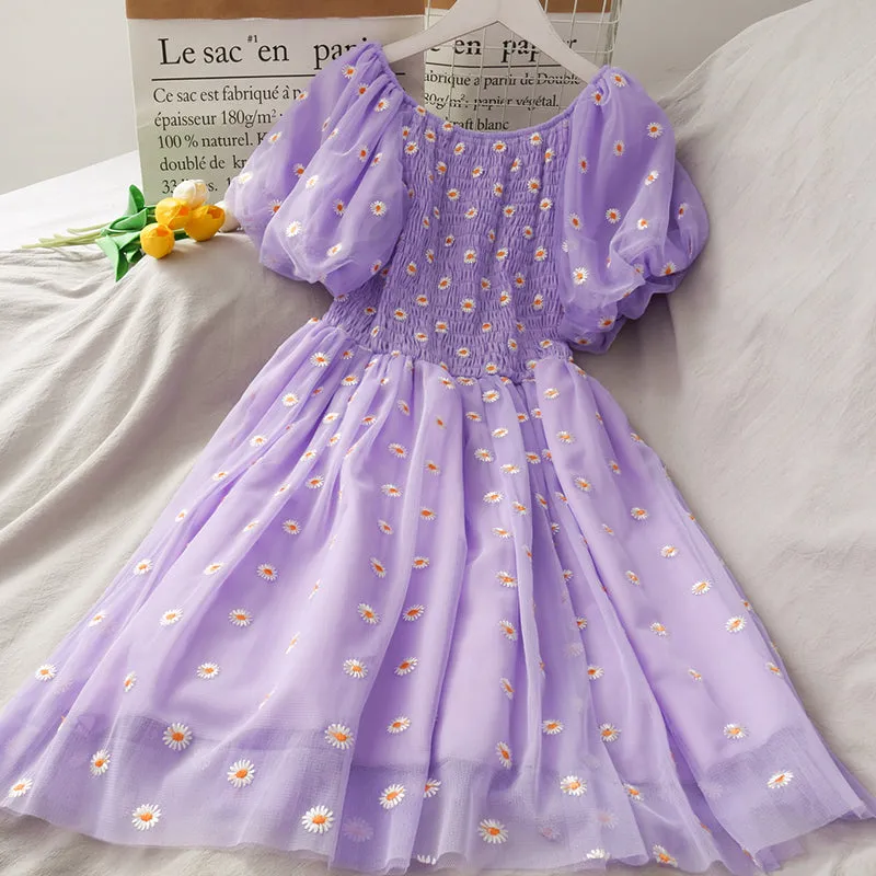 "DAISY EMBROIDERED PUFF SLEEVE MESH" DRESS N050601