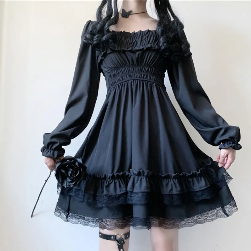 "RETRO DARK LACE PUFF SLEEVE" DRESS N040803