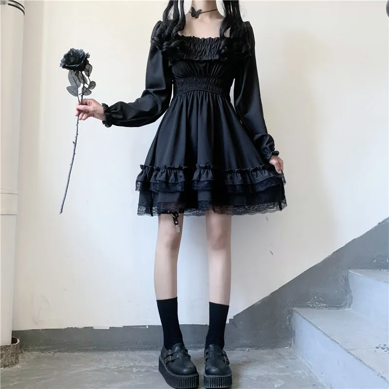 "RETRO DARK LACE PUFF SLEEVE" DRESS N040803