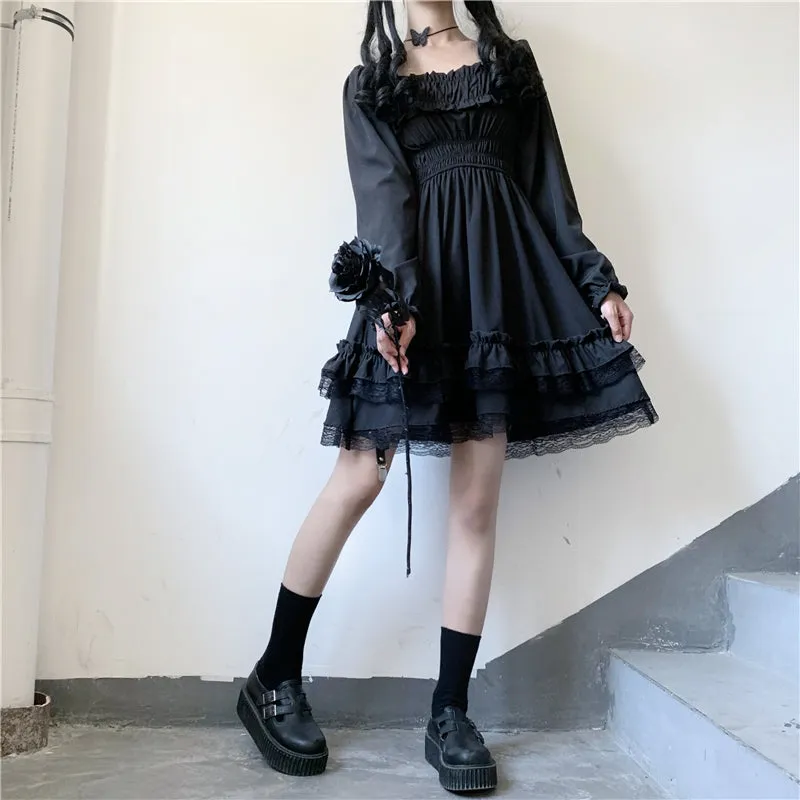 "RETRO DARK LACE PUFF SLEEVE" DRESS N040803