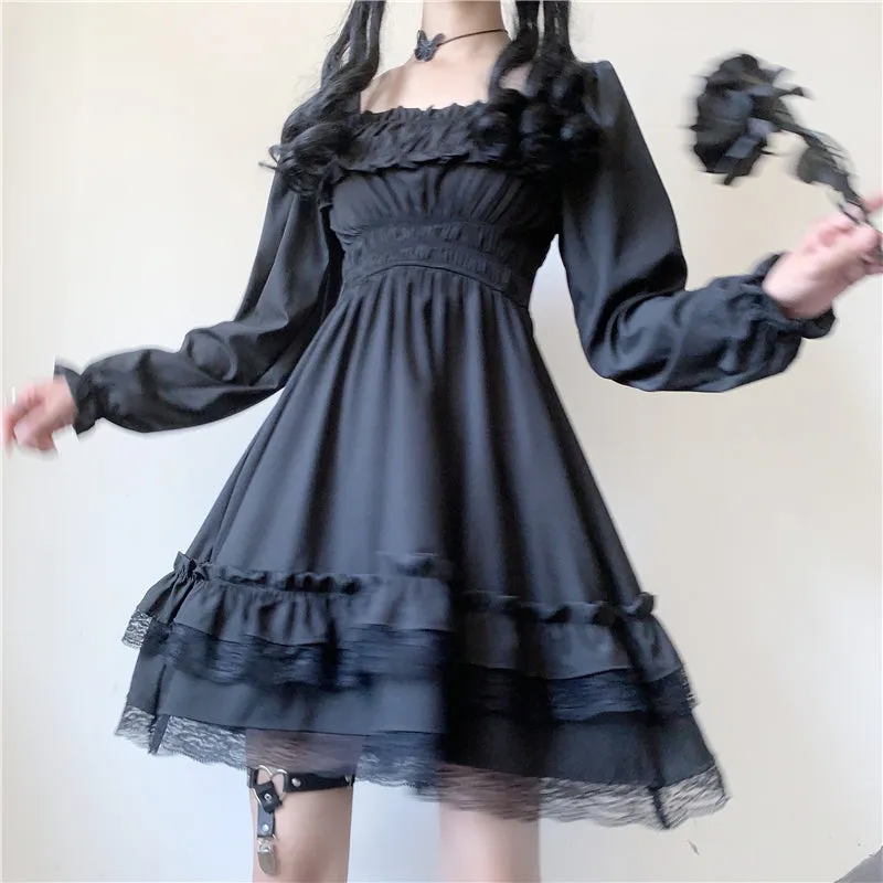 "RETRO DARK LACE PUFF SLEEVE" DRESS N040803