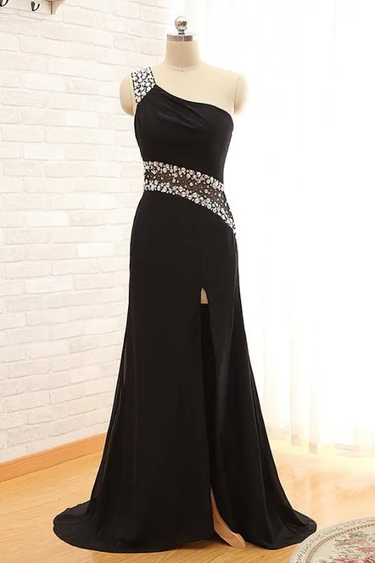 R10 One Shoulder Sheer Back Beading Black Split Prom Dress