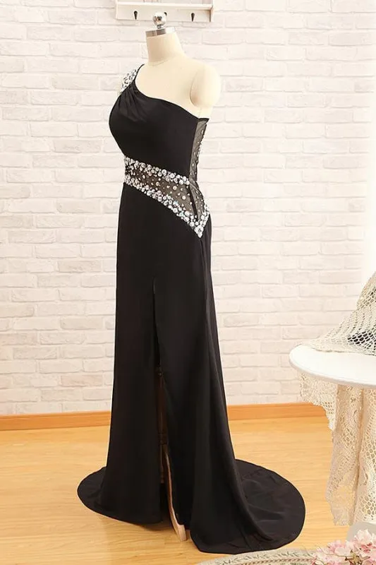 R10 One Shoulder Sheer Back Beading Black Split Prom Dress