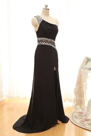 R10 One Shoulder Sheer Back Beading Black Split Prom Dress