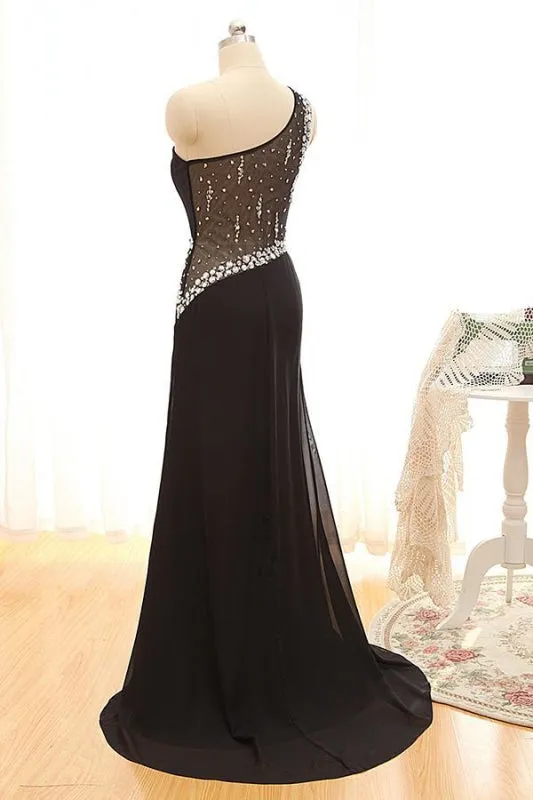 R10 One Shoulder Sheer Back Beading Black Split Prom Dress