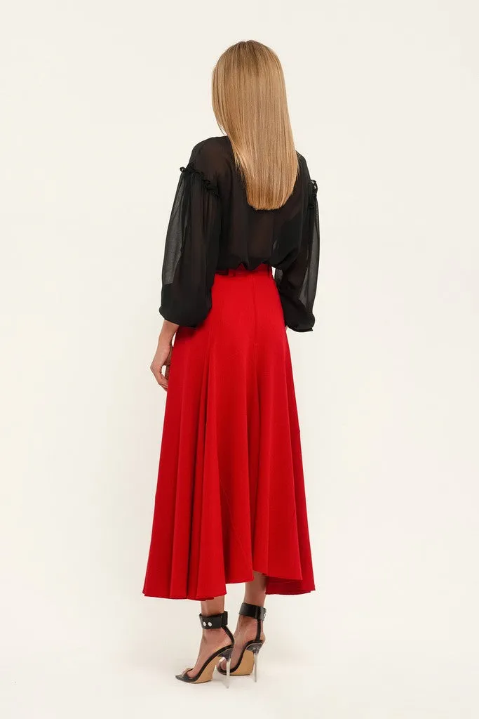 Red Elegant Day Godet Maxi Skirt with Pockets