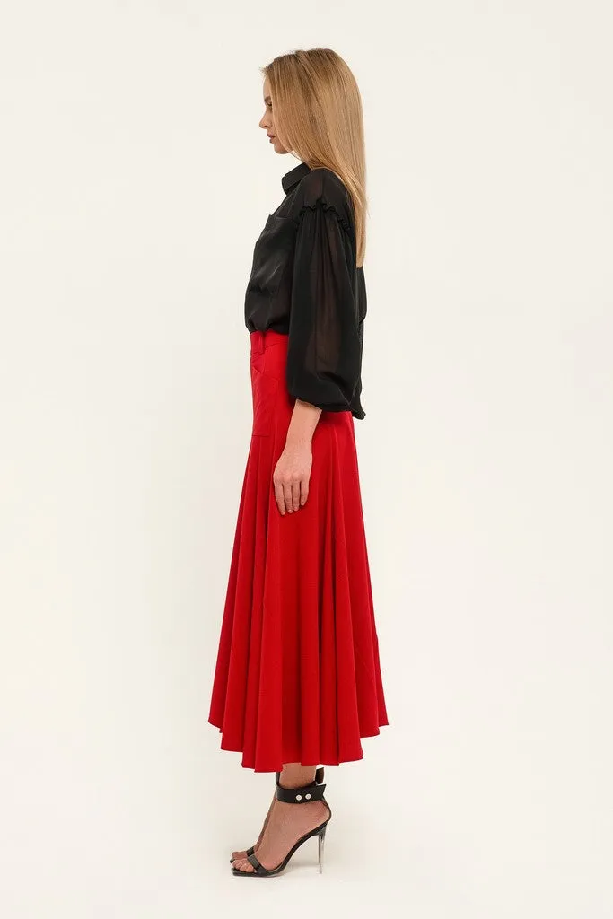 Red Elegant Day Godet Maxi Skirt with Pockets