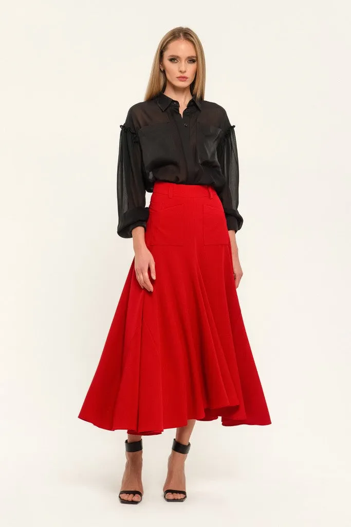 Red Elegant Day Godet Maxi Skirt with Pockets