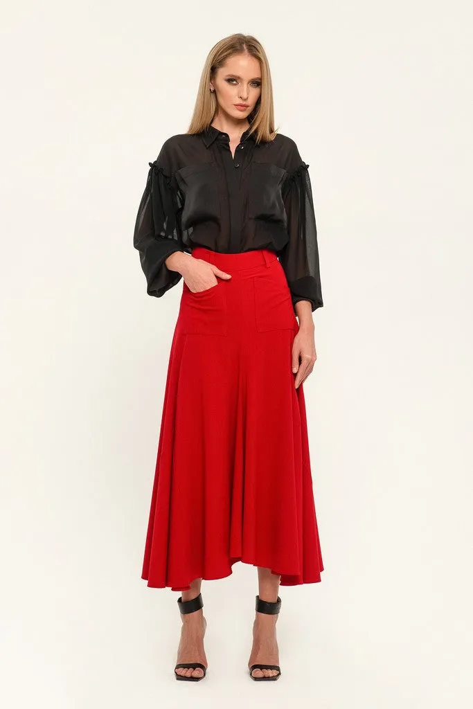 Red Elegant Day Godet Maxi Skirt with Pockets