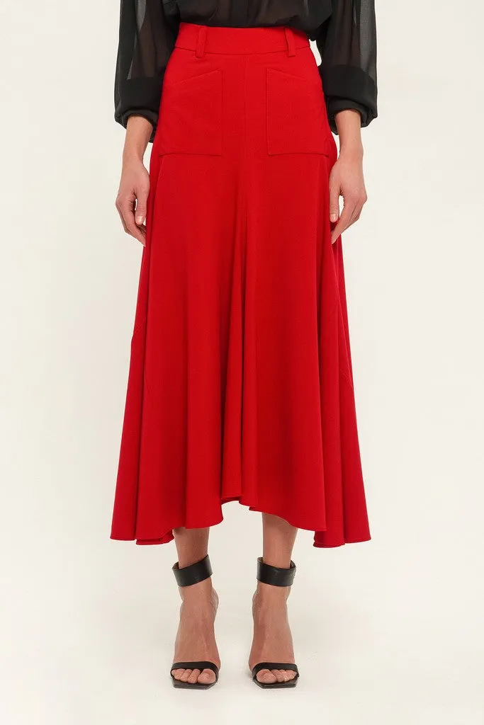 Red Elegant Day Godet Maxi Skirt with Pockets