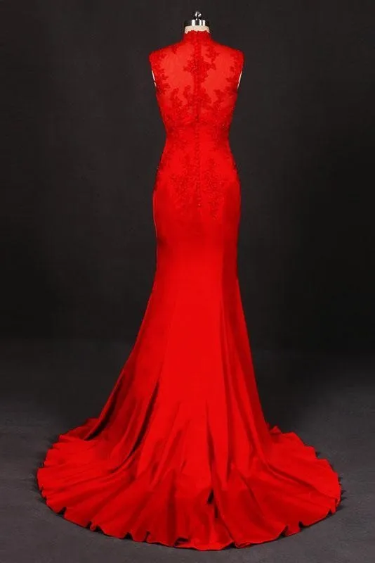 Red High Neck Sleeveless Satin Evening Dress Appliques Prom Dresses