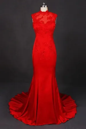 Red High Neck Sleeveless Satin Evening Dress Appliques Prom Dresses