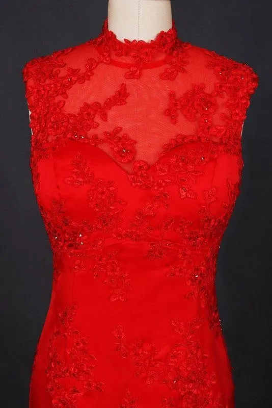 Red High Neck Sleeveless Satin Evening Dress Appliques Prom Dresses