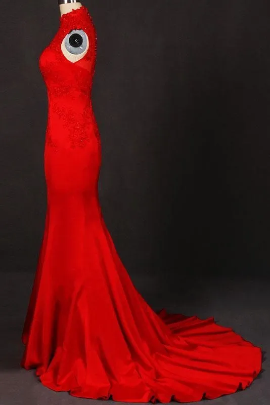 Red High Neck Sleeveless Satin Evening Dress Appliques Prom Dresses
