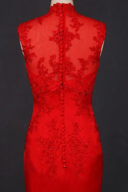Red High Neck Sleeveless Satin Evening Dress Appliques Prom Dresses