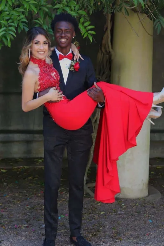 Red Mermaid Sleeveless Prom Appliques Long Formal Dress With Sparkles