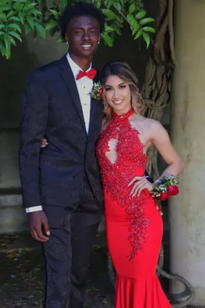 Red Mermaid Sleeveless Prom Appliques Long Formal Dress With Sparkles
