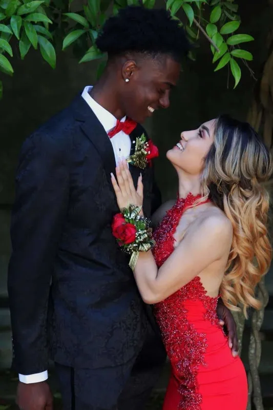 Red Mermaid Sleeveless Prom Appliques Long Formal Dress With Sparkles