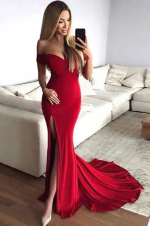 Red Off the Shoulder Split Mermaid Prom Dress Long Formal Dresses with Slit