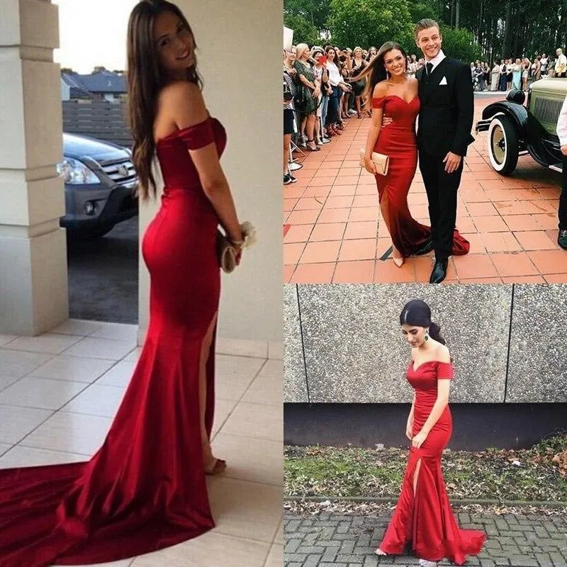 Red Off the Shoulder Split Mermaid Prom Dress Long Formal Dresses with Slit