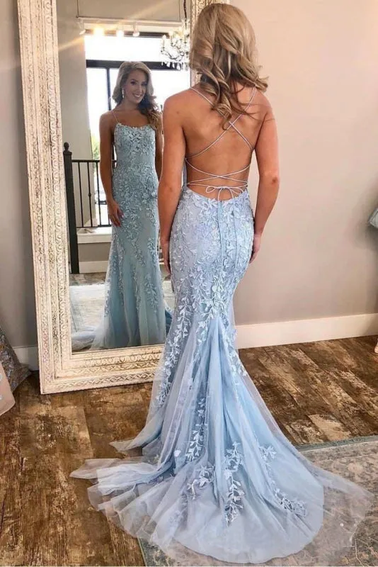 Red Spaghetti Strap Mermaid Prom Dresses with Lace Appliques Backless Formal Dress
