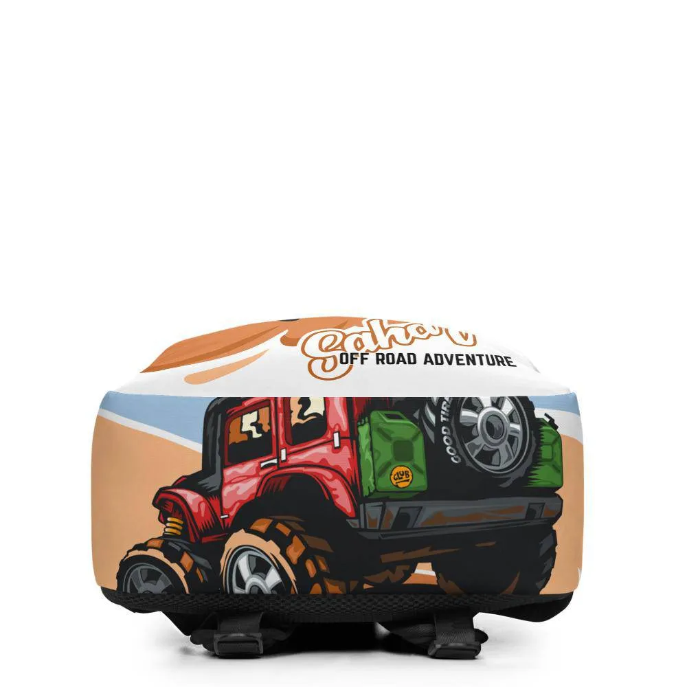 Red suv on a deserted hill against a blue sky Minimalist Backpack
