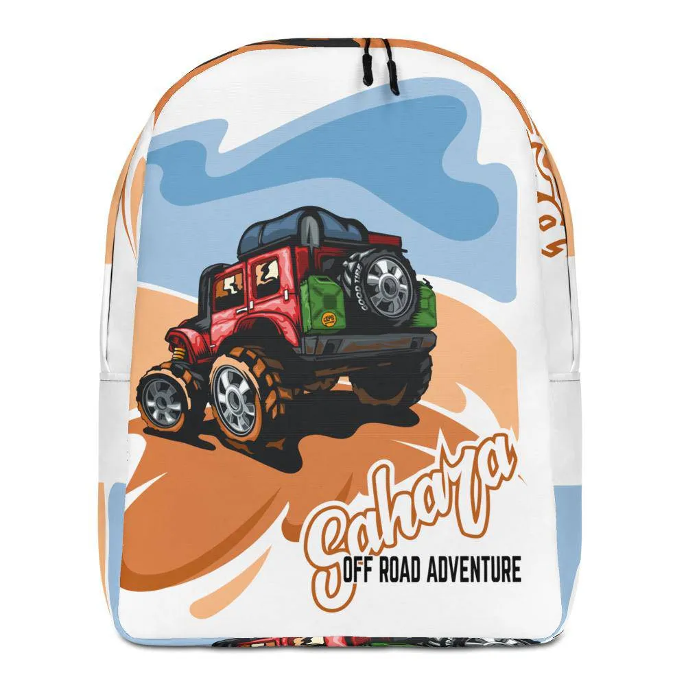 Red suv on a deserted hill against a blue sky Minimalist Backpack