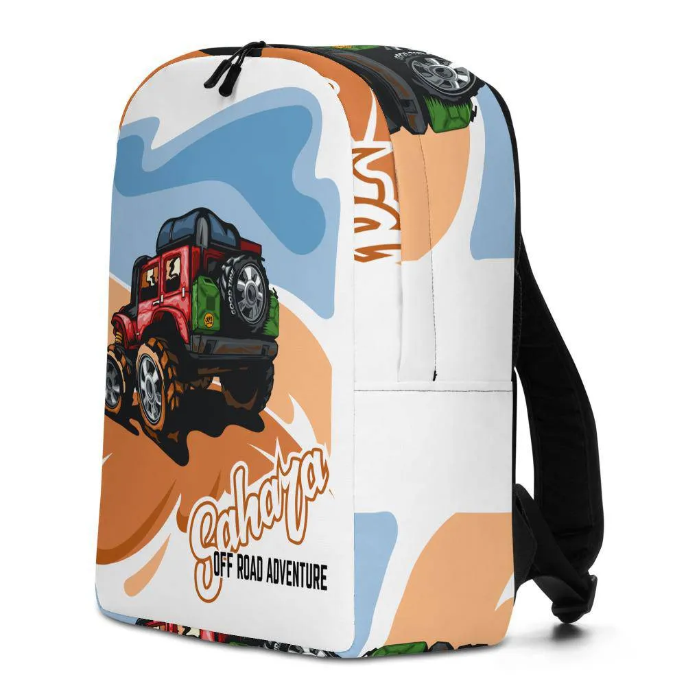 Red suv on a deserted hill against a blue sky Minimalist Backpack