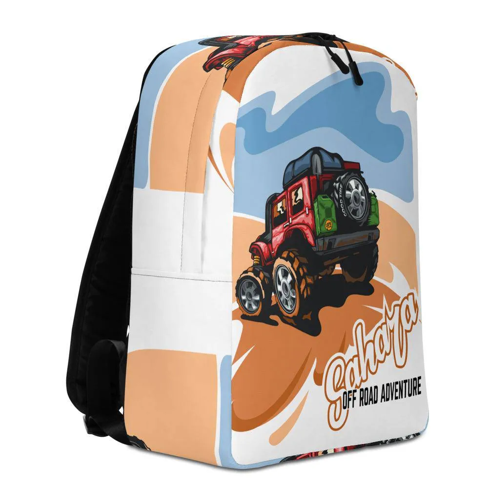 Red suv on a deserted hill against a blue sky Minimalist Backpack