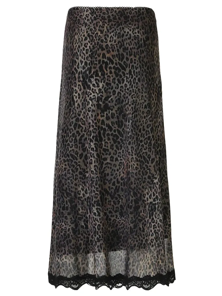 Retro Brown Leopard Y2K Long Skirt with Lace Trim for Women