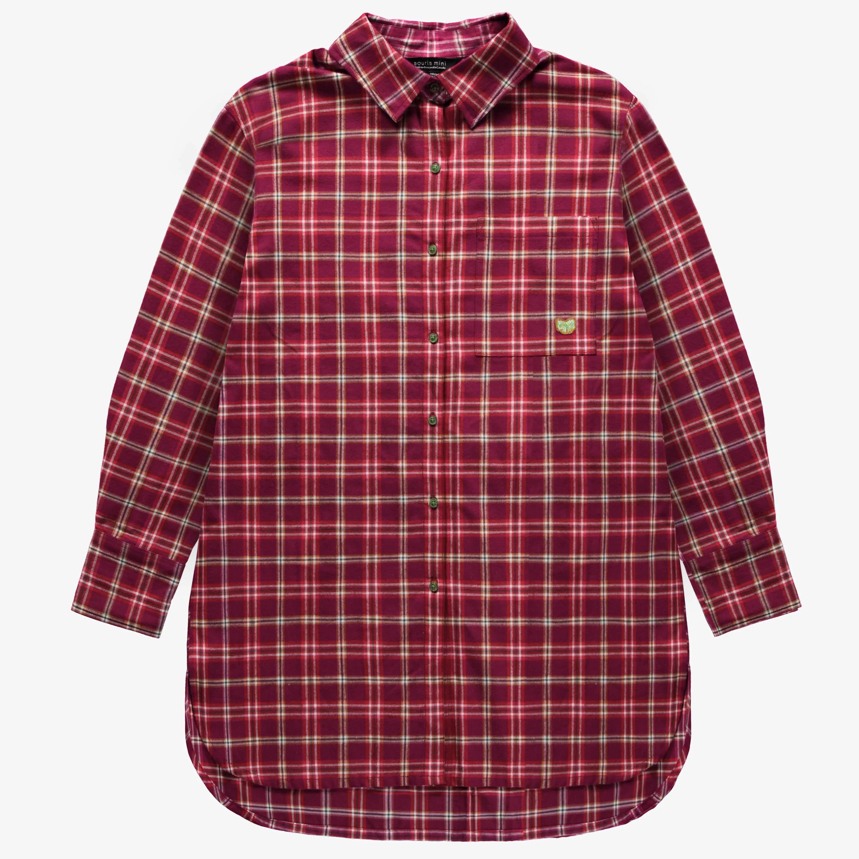 Robe chemise à manches longues rouge à carreaux en flanelle brossée, adulte || Red plaid shirt dress with long sleeves in brushed flannel, adult
