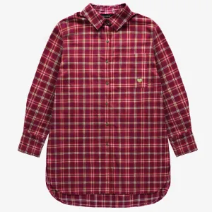 Robe chemise à manches longues rouge à carreaux en flanelle brossée, adulte || Red plaid shirt dress with long sleeves in brushed flannel, adult
