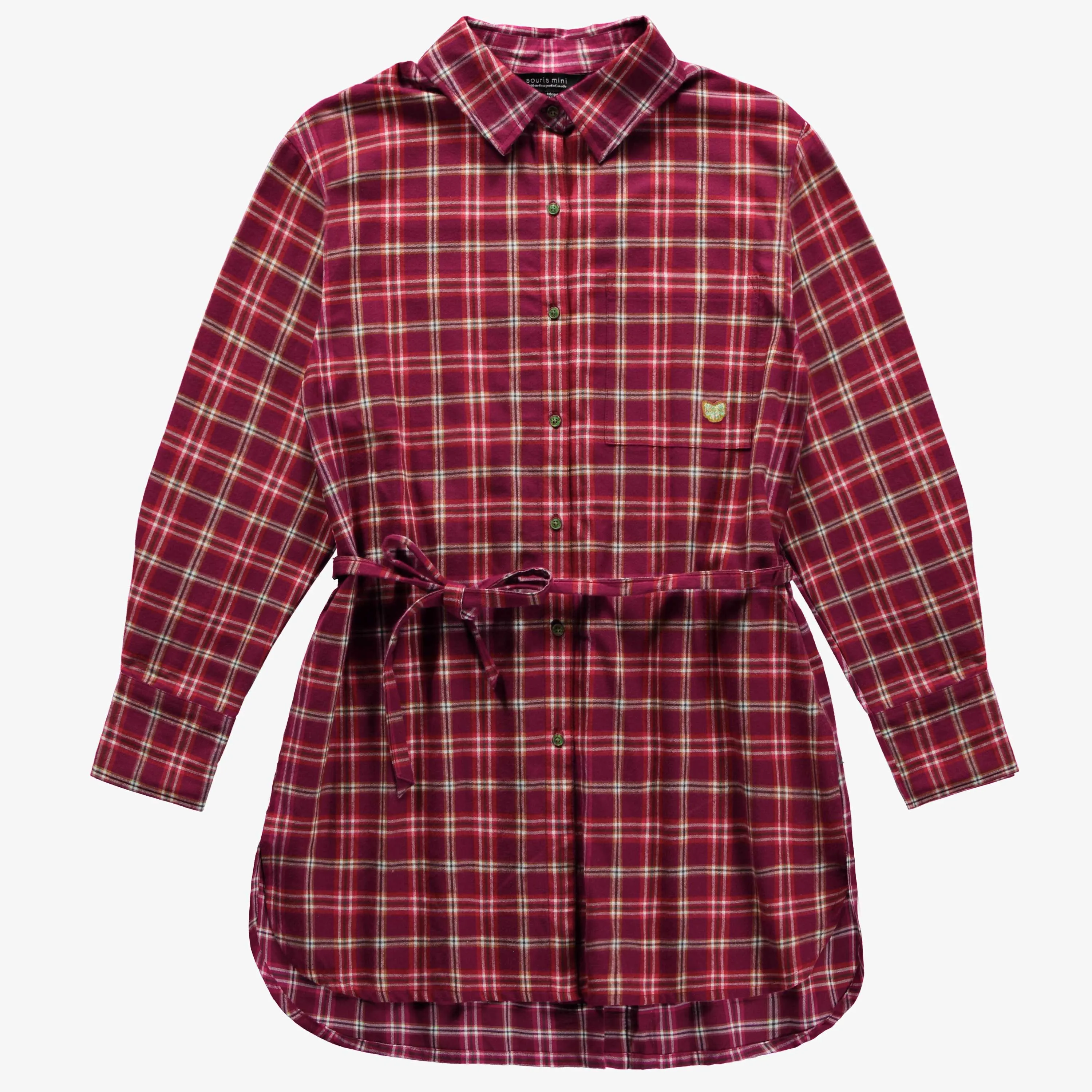 Robe chemise à manches longues rouge à carreaux en flanelle brossée, adulte || Red plaid shirt dress with long sleeves in brushed flannel, adult