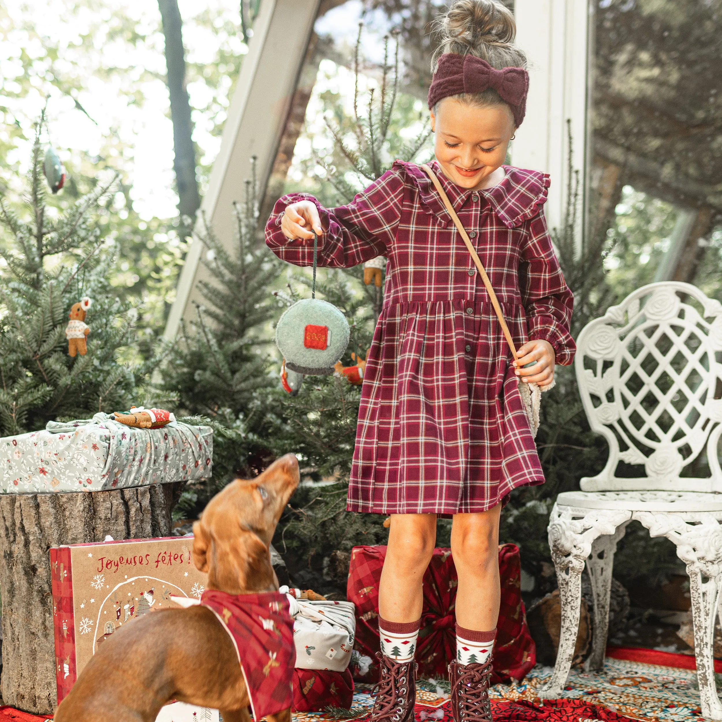 Robe rouge et blanche à carreaux en flanelle brossée, enfant || Red and white plaid pattern dress in brushed flannel, child