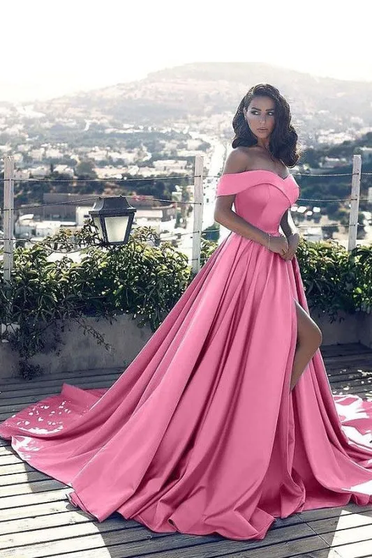 Satin A-Line Court Train Off-the-Shoulder Prom Dresses