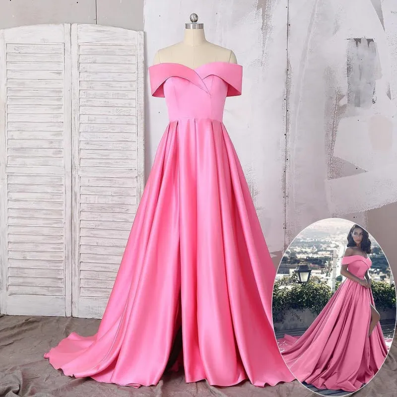 Satin A-Line Court Train Off-the-Shoulder Prom Dresses