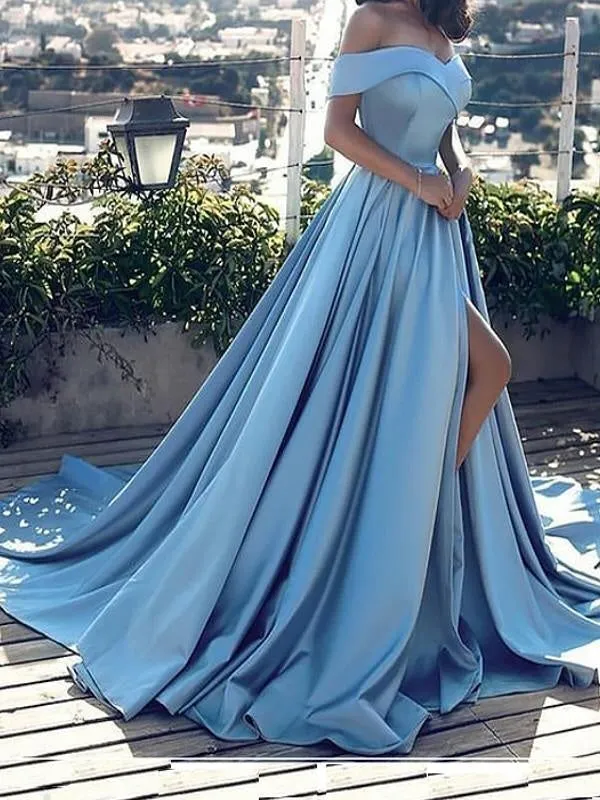 Satin A-Line Court Train Off-the-Shoulder Prom Dresses