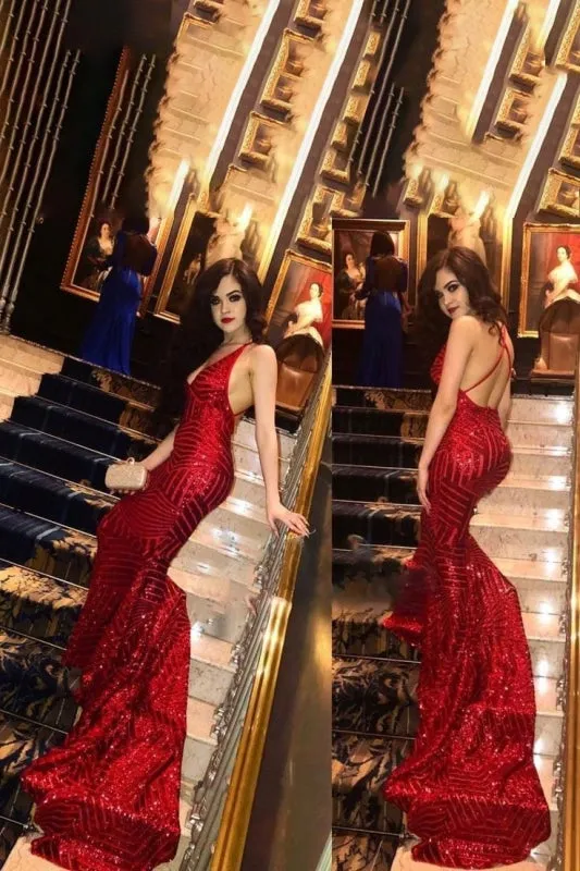 Sequins Glitter V-neck Sleeveless Mermaid Prom Dresses