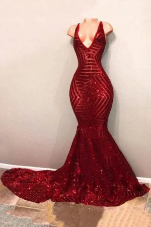Sequins Glitter V-neck Sleeveless Mermaid Prom Dresses