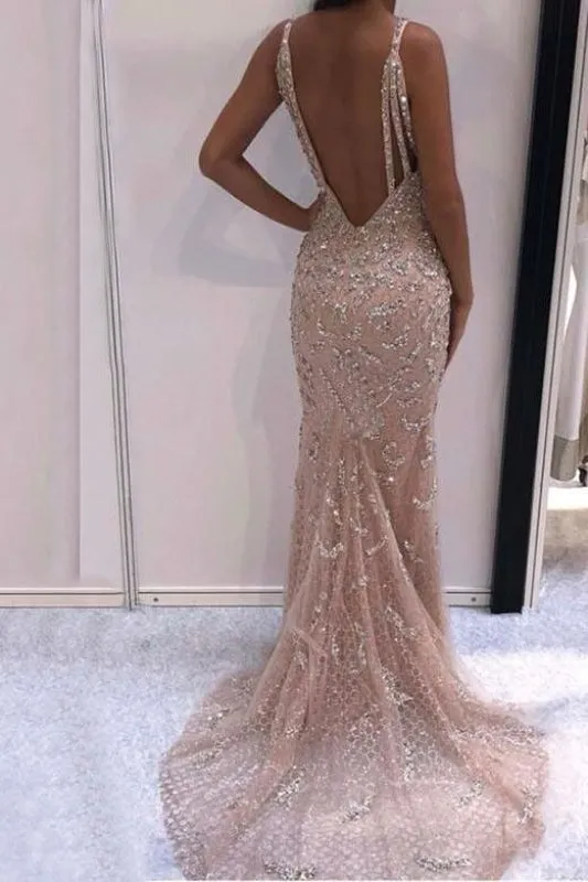 Sexy Deep V Neck Backless Prom with Beading Sparkly Sleeveless Evening Dress