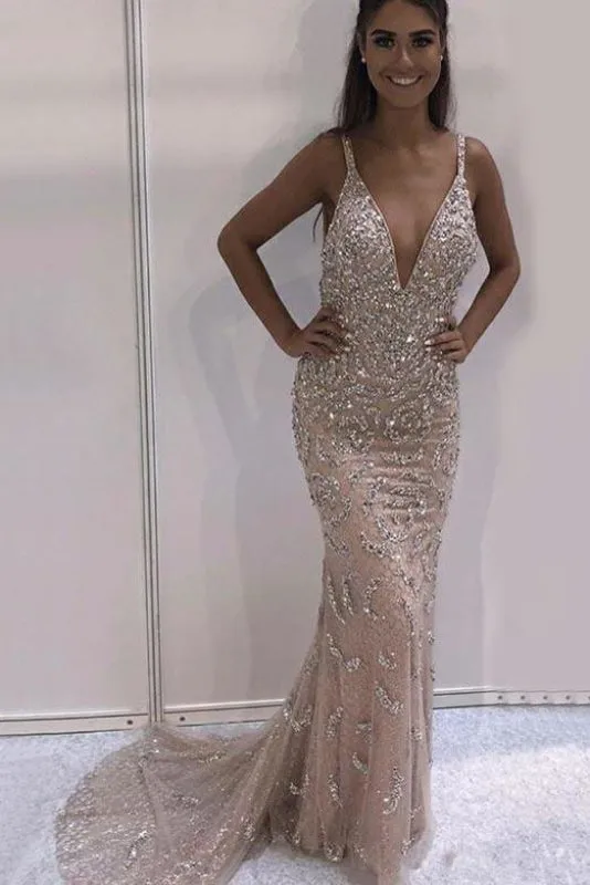 Sexy Deep V Neck Backless Prom with Beading Sparkly Sleeveless Evening Dress