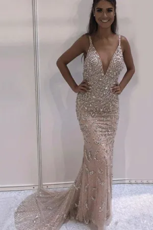 Sexy Deep V Neck Backless Prom with Beading Sparkly Sleeveless Evening Dress