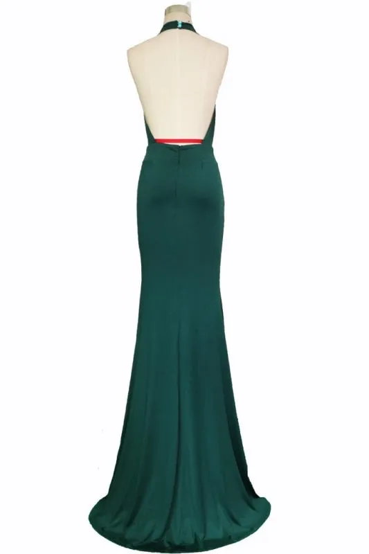 Sexy Halter Mermaid Prom Jade Backless Long Evening Dress