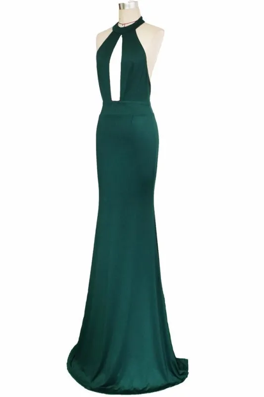 Sexy Halter Mermaid Prom Jade Backless Long Evening Dress