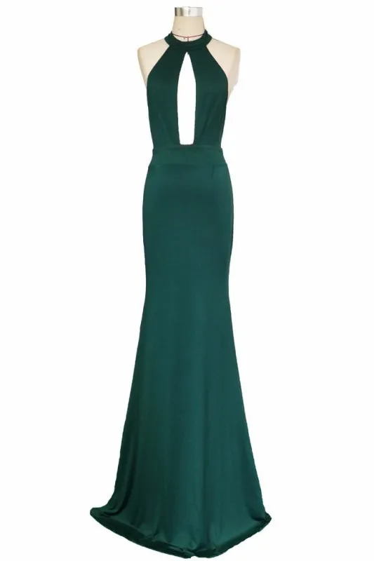 Sexy Halter Mermaid Prom Jade Backless Long Evening Dress