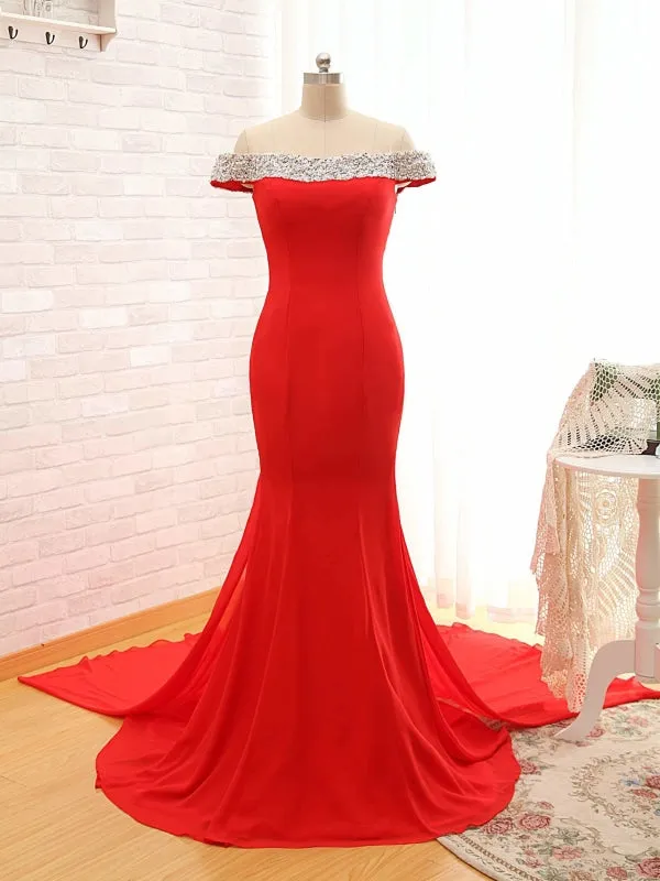 Sexy Off The Shoulder Red Prom Dress,Mermaid Red Evening Dress